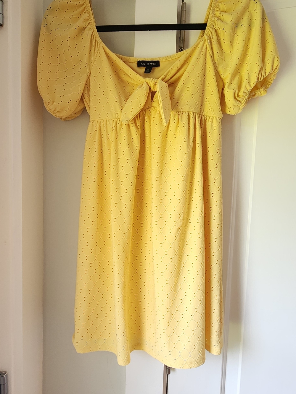 As U Wish Yellow Eyelet Puff-Sleeve Tie-Front Mini Dress